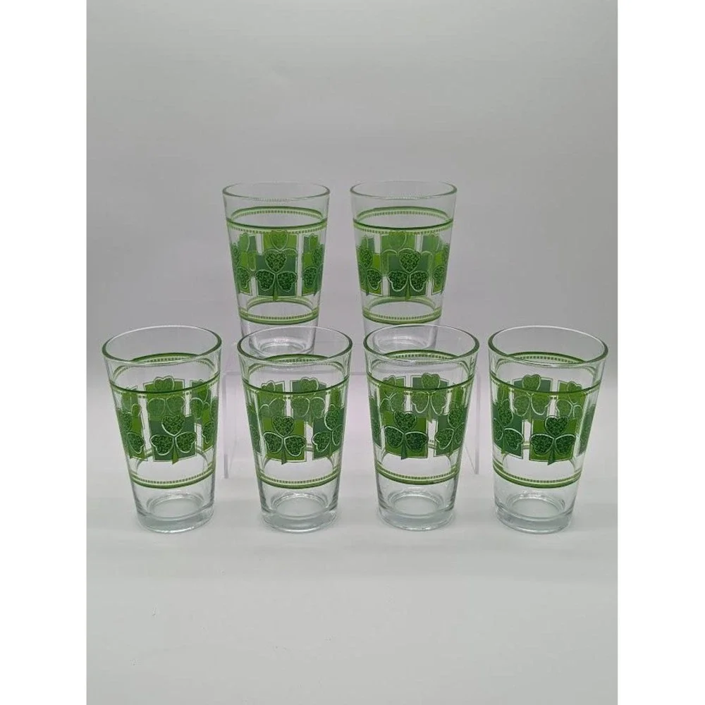 6 Set Vintage Libbey 16oz Shamrock Glasses St Patricks Day Clover Green Tumbler
